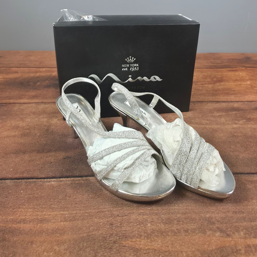Nina Neely-YY Sandals Womens 9.5 Silver Good Glitter Slingback Kitten Heel